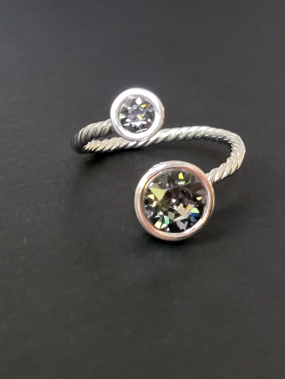 Touchstone Crystal by Swarovski Curled Up Ring Crystal Silver Night Size 8